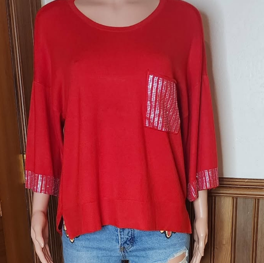 CeCe NWT Red Sweater with Sequin Accents